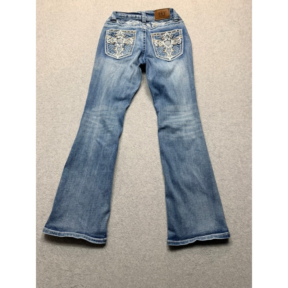 T&Y Fashion Womens Bootcut Jeans Blue Medium Wash Rhinestone Cross Pockets Y2K